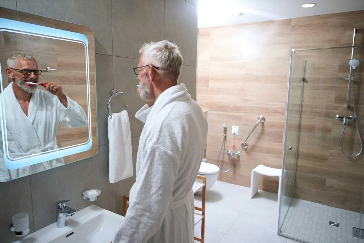 Senior in safe walk-in shower