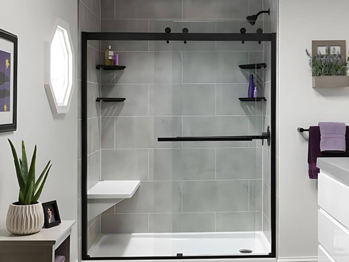 Modern walk-in shower with seat, gray tile, and black frame glass door