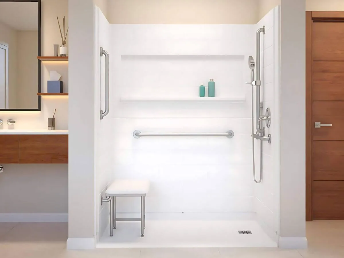 Walk-in shower with safety grab bars and bench